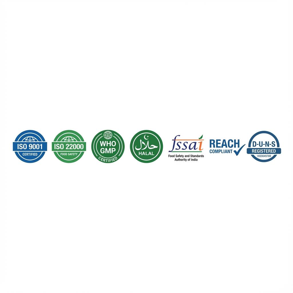 International Certifications: ISO, GMP, HALAL, FSSAI, REACH